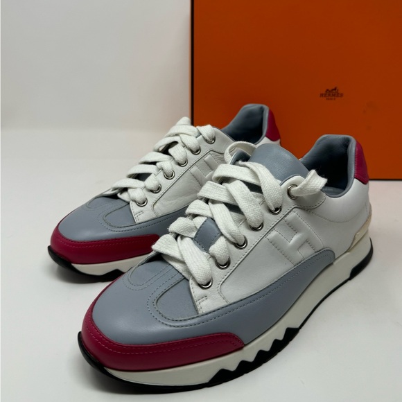 Pre-loved Hermes Calfskin Womens Sneakers Size36.5 color: White Gray Pink - Picture 2 of 16